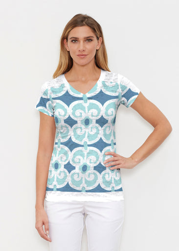 Links Navy Aqua (8133) ~ Signature Cap Sleeve V-Neck Shirt