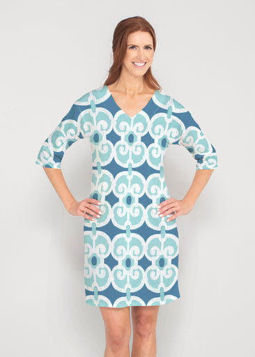 Links Navy Aqua (8133) ~ Drop Shoulder 3/4 Sleeve V-Neck Dress