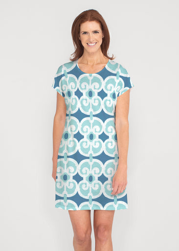 Links Navy Aqua (8133) ~ French Terry Short Sleeve Crew Dress