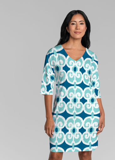 Links Navy Aqua (8133) ~ Lucy 3/4 Sleeve V-Neck Dress