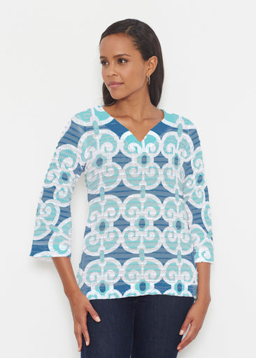 Links Navy Aqua (8133) ~ Banded 3/4 Bell-Sleeve V-Neck Tunic