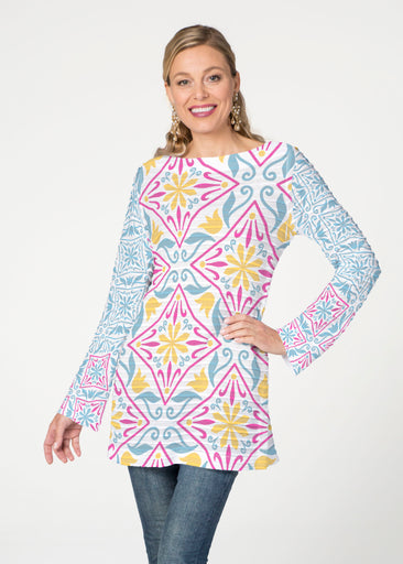 Geo Tile Blue (8158) ~ Banded Boatneck Tunic