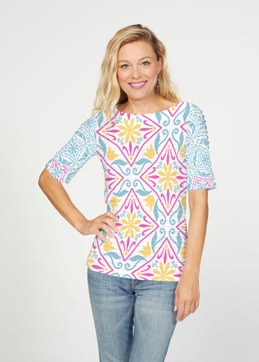 Geo tile Blue (8158) ~ Banded Elbow Sleeve Boat Neck Top