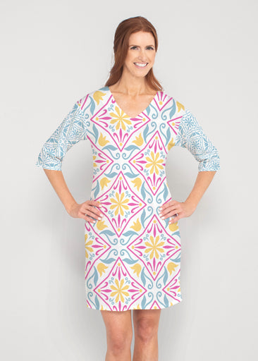 Geo Tile Blue (8158) ~ Drop Shoulder 3/4 Sleeve V-Neck Dress