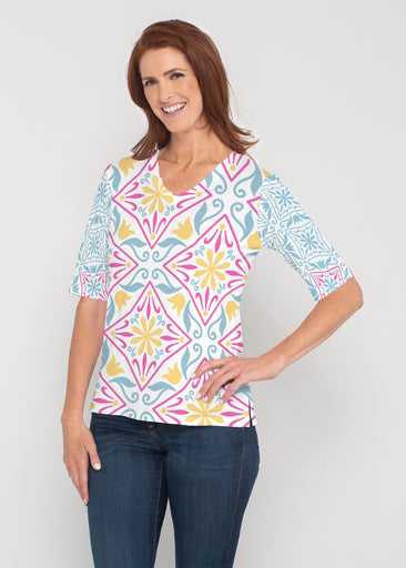 Geo tile Blue (8158) ~ Signature Elbow Sleeve V-Neck Top