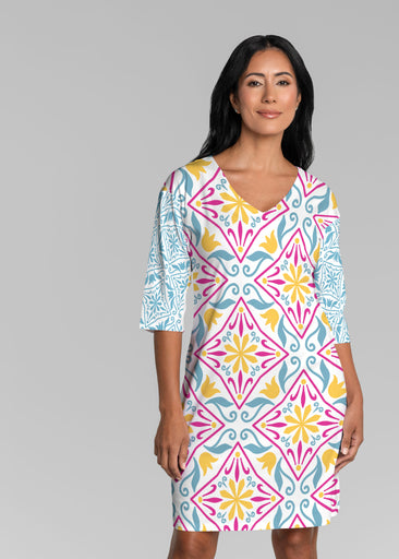 Geo Tile Blue (8158) ~ Lucy 3/4 Sleeve V-Neck Dress