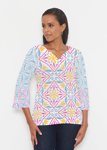 Geo Tile Blue (8158) ~ Banded 3/4 Bell-Sleeve V-Neck Tunic