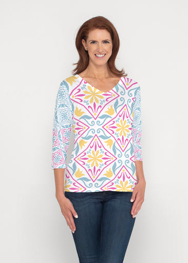 Geo Tile Blue (8158) ~ Signature 3/4 Sleeve V-Neck Top