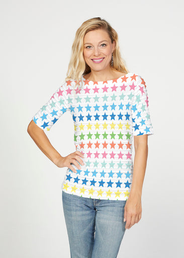 Stars Multi (8183) ~ Banded Elbow Sleeve Boat Neck Top