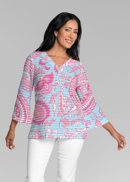 Serena Pink (8187) ~ Banded 3/4 Bell-Sleeve V-Neck Tunic – Whimsy Rose
