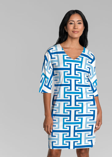 Greek Key Blue (8192) ~ Lucy 3/4 Sleeve V-Neck Dress