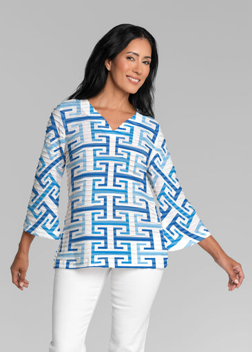 Greek Key Blue (8192) ~ Banded 3/4 Bell-Sleeve V-Neck Tunic