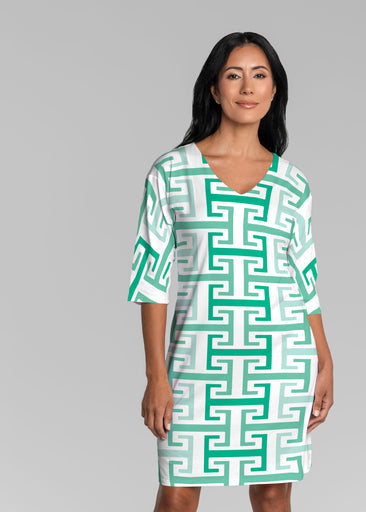 Greek Key Mint (8193) ~ Lucy 3/4 Sleeve V-Neck Dress