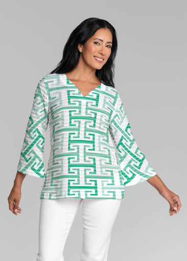 Greek Key Mint (8193) ~ Banded 3/4 Bell-Sleeve V-Neck Tunic