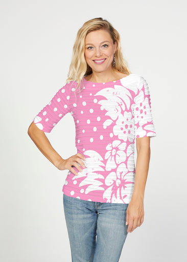 Carlotta Pink (8194) ~ Banded Elbow Sleeve Boat Neck Top