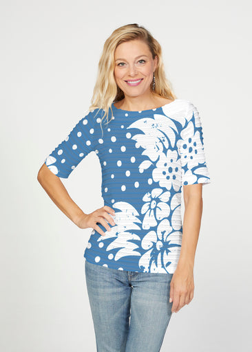 Carlotta Blue (8196) ~ Banded Elbow Sleeve Boat Neck Top
