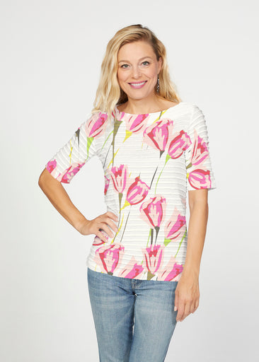 La La (8199) ~ Banded Elbow Sleeve Boat Neck Top