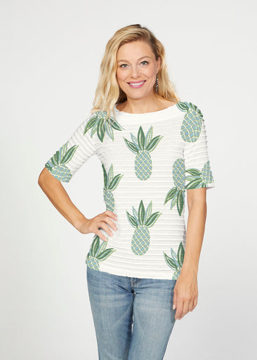 Honolulu Mint (8201) ~ Banded Elbow Sleeve Boat Neck Top