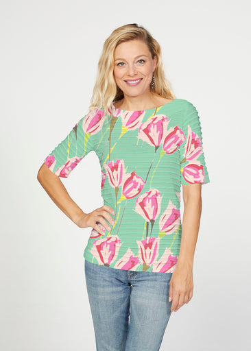 La La Mint (8202) ~ Banded Elbow Sleeve Boat Neck Top