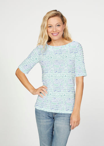 Flora Mint (8203) ~ Banded Elbow Sleeve Boat Neck Top