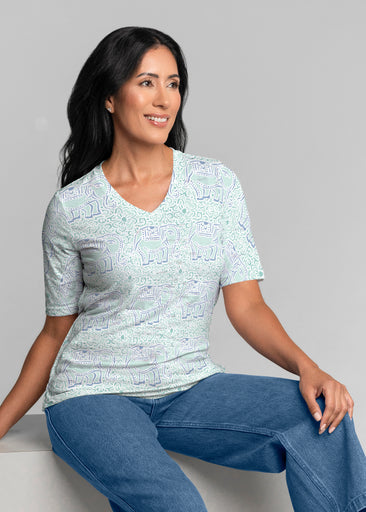 Flora Mint (8203) ~ Signature Elbow Sleeve V-Neck Top