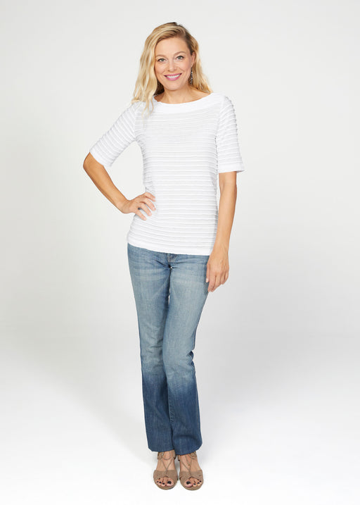  Banded Elbow Sleeve Boat Neck Top
