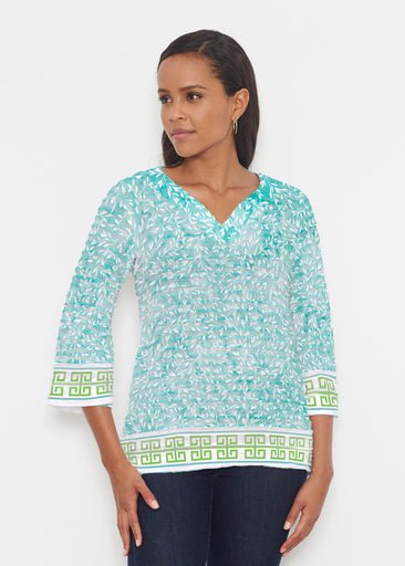 Greek Leaves Aqua-Green (10167) ~ Banded 3/4 Bell-Sleeve V-Neck Tunic