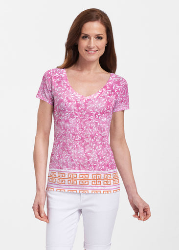 Greek Leaves Pink-Orange (10171) ~ Sheer Short Sleeve V-Neck Shirt