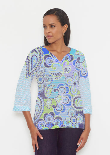 Pop Paisley Blue (13233) ~ Banded 3/4 Bell-Sleeve V-Neck Tunic