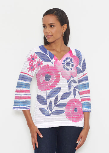 Watercolor Blooms (13355) ~ Banded 3/4 Bell-Sleeve V-Neck Tunic