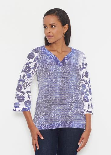 Medallion Flower (13453) ~ Banded 3/4 Bell-Sleeve V-Neck Tunic