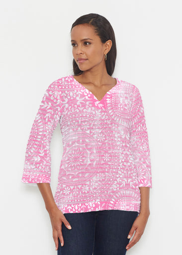 Dual Medallion Pink (13461) ~ Banded 3/4 Bell-Sleeve V-Neck Tunic