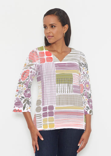 Transcendent Floral (13483) ~ Banded 3/4 Bell-Sleeve V-Neck Tunic