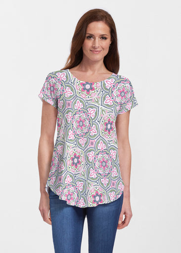 Mandala Geo Blue (13503) ~ Short Sleeve Scoop Neck Flowy Tunic