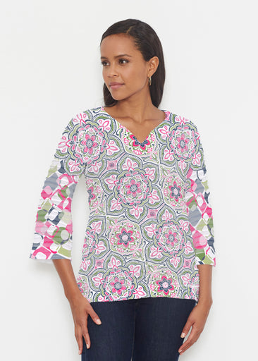 Mandala Geo Blue  (13503) ~ Banded 3/4 Bell-Sleeve V-Neck Tunic