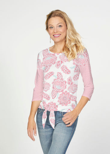 Floral Sunshine Pink (13543) ~ French Terry Tie 3/4 Sleeve Top