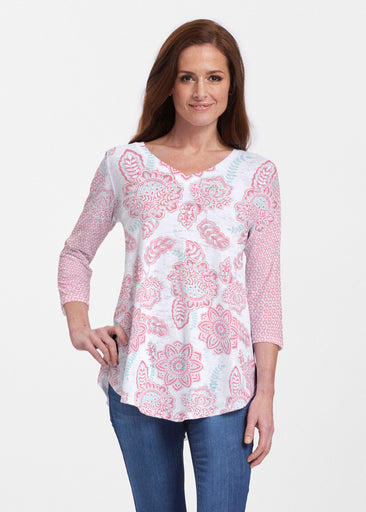 Floral Sunshine Pink (13543) ~ V-neck Flowy Tunic
