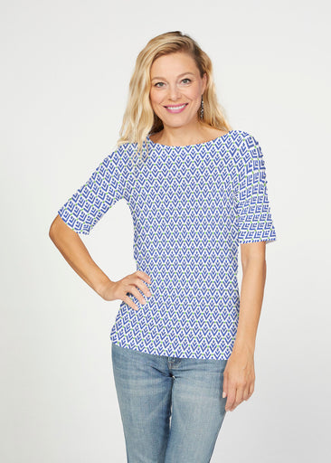 Cosmo Geo (13568) ~ Banded Elbow Sleeve Boat Neck Top