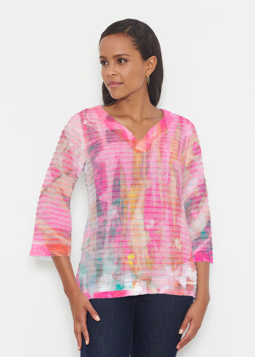 Tiki Pink (15040) ~ Banded 3/4 Bell-Sleeve V-Neck Tunic