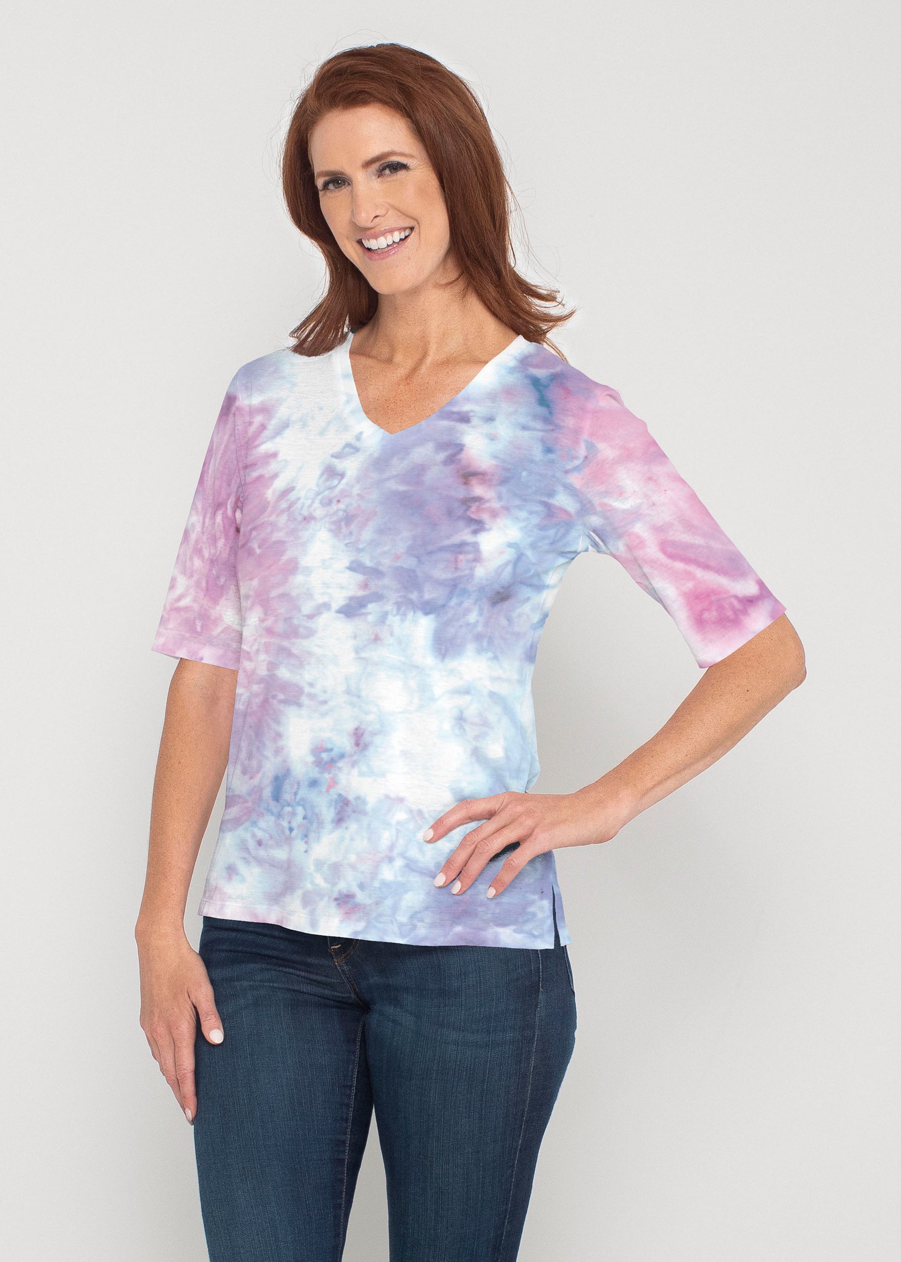 Boho Ice (16230) ~ Signature Elbow Sleeve V-Neck Top – Whimsy Rose