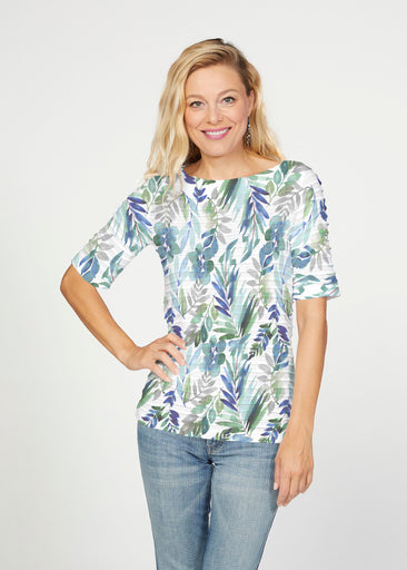 Leah Leaves (16258) ~ Banded Elbow Sleeve Boat Neck Top