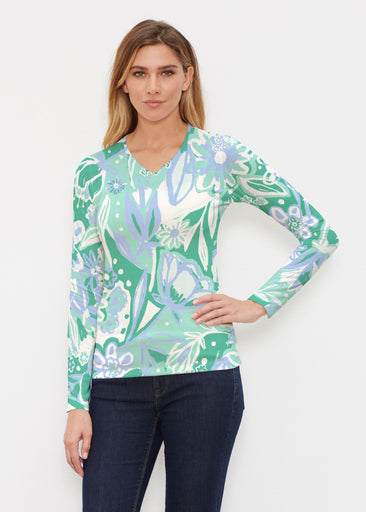 Groovy Petals Green (17068) ~ Butterknit Long Sleeve V-Neck Top