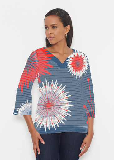 Flower Burst RWB (2027) ~ Banded 3/4 Bell-Sleeve V-Neck Tunic