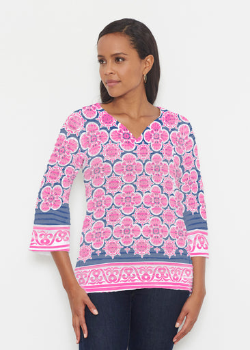 Isabella Pink (22059) ~ Banded 3/4 Bell-Sleeve V-Neck Tunic