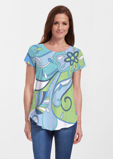 Floral Spritz Turquoise (22093) ~ Signature Short Sleeve Scoop Neck Flowy Tunic