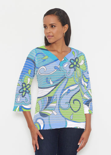 Floral Spritz Turquoise (22093) ~ Banded 3/4 Bell-Sleeve V-Neck Tunic