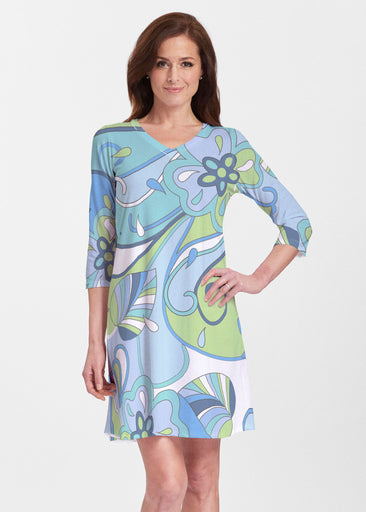 Floral Spritz Turquoise (22093) ~ Classic V-neck Swing Dress