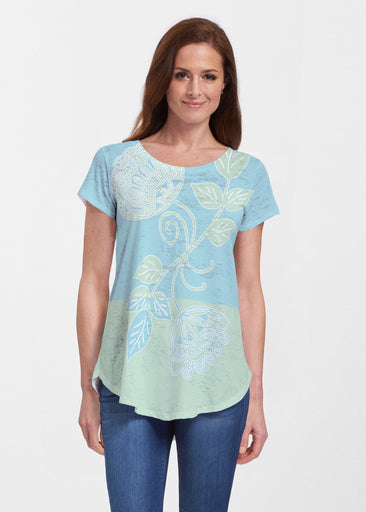 Stamped Floral Aqua (22150) ~ Signature Short Sleeve Scoop Neck Flowy Tunic