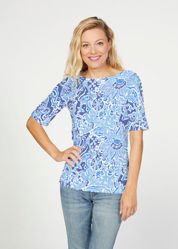 Fusion Blue (2895) ~ Banded Elbow Sleeve Boat Neck Top