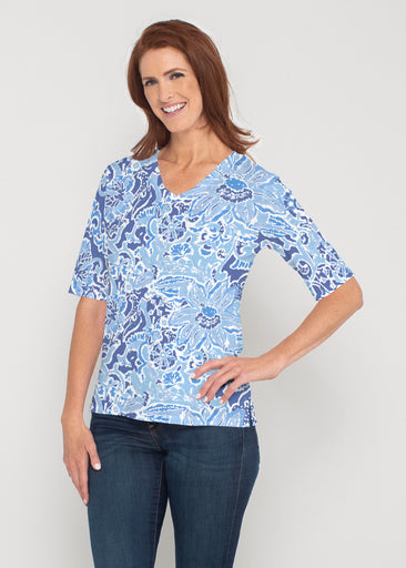 Fusion Blue (2895) ~ Signature Elbow Sleeve V-Neck Top